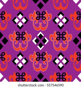 Abstract seamless pattern. Geometric violet  background. Vector ornate texture.Decorative flowers. symbols,rhombus, tribal ornaments..