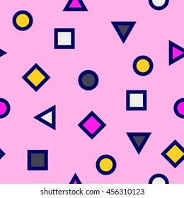 Abstract seamless pattern with geometrical figures. Vector background with circles, triangles and squares. Modern texture with simple elements in pink color