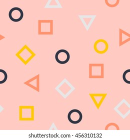 Abstract seamless pattern with geometrical figures. Vector background with circles, triangles and squares. Modern texture with simple elements in peach beige color
