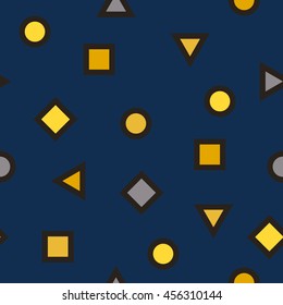 Abstract seamless pattern with geometrical figures. Vector background with circles, triangles and squares. Modern texture texture with simple elements in yellow and dark blue colors