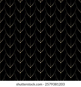 Abstract seamless pattern with geometrical fish scale layout. Metallic gold rows on a black background for Wallpaper, textile, wrapping paper, page fill