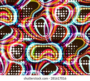 Abstract seamless pattern. Geometrical motifs, bright colors. Retro style 60s
