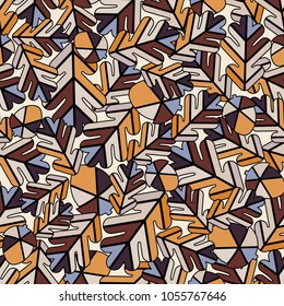 Abstract seamless pattern with geometrical oak leaves and acorn placed randomly. Orange and brown autumn colors.