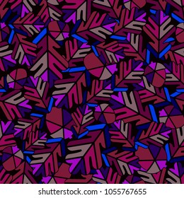 Abstract seamless pattern with geometrical oak leaves and acorn placed randomly. Dark red, brown colors.