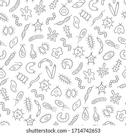 Abstract Seamless Pattern Of Germs, Virus And Bacteria On White Background. Black And White Vector Illustration