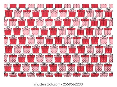Abstract seamless pattern of gift boxes with hearts. Vector illustration. Perfect for packaging, fabric, greeting cards.