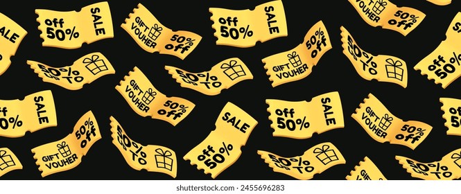 Abstract seamless pattern with gift vouchers. Realistic, different shapes yellow discount coupons in 3D style. Business promotion and discounts on online purchases.