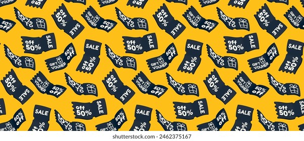 Abstract seamless pattern with gift vouchers. Realistic, different shapes black discount coupons in 3D style. Business promotion and discounts on online purchases.