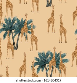 Abstract  seamless pattern with giraffes and palm trees on sand background. Vector illustration