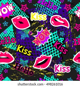 Abstract seamless pattern for girl and boy. Creative colorful wallpaper with Pop art comics speech bubbles, clouds,words. Grunge urban background for textile, fashion, sport clothes. Blue, black, pink