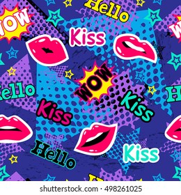 Abstract seamless pattern for girl and boy. Creative colorful wallpaper with Pop art comics speech bubbles, clouds,words. Grunge urban background for textile, fashion, sport clothes. Blue, purple, red