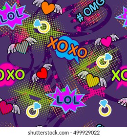 Abstract seamless pattern for girl and boy. Creative colorful wallpaper with Pop art comics speech bubbles, clouds,words. Grunge urban background for textile, fashion, sport clothes.Pink, purple, neon