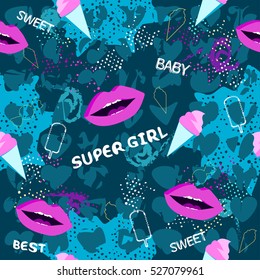 Abstract seamless pattern for girl and boy. Creative colorful wallpaper with Pop art comics speech bubbles, clouds,words. Grunge urban background for textile, fashion, sport clothes.Pink, purple, neon