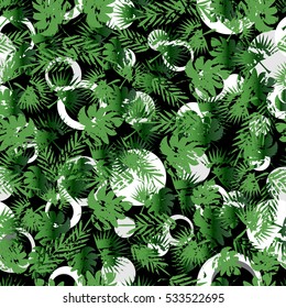 Abstract seamless pattern for girl and boy.
Creative vector background, colorful wallpaper with green branches ferns, tropical plants. Print summer exotic jungle plant palm leaves. 
