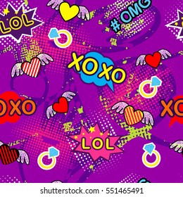 Abstract seamless pattern for girl and boy. Creative colorful wallpaper with Pop art comics speech bubbles, clouds,words. Grunge urban background for textile, fashion, sport clothes.Pink, purple, neon