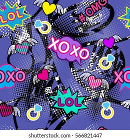 Abstract seamless pattern for girl and boy. Creative colorful wallpaper with Pop art comics speech bubbles, clouds,words. Grunge urban background for textile, fashion, sport clothes.Pink, purple, neon