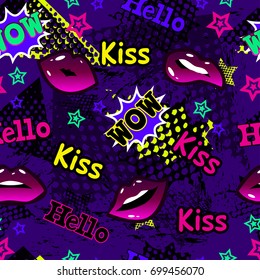 Abstract seamless pattern for girl and boy. Creative colorful wallpaper with Pop art comics speech bubbles, clouds,words. Grunge urban background for textile, fashion, sport clothes.Blue, purple, pink