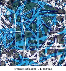 Abstract seamless pattern for girl and boy. Creative colorful wallpaper with dots, lines. Grunge urban background for textile, fashion, sport clothes. Blue, black