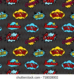 Abstract seamless pattern for girl and boy, clothes, sportswear. Creative colorful wallpaper with Pop art comics speech bubbles, clouds,words. Grunge urban background for textile, fashion.