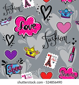 Abstract seamless pattern for girl, fashion clothes, teenagers.Repeated backdrop with lipstick, patch badges Paris Eiffel Tower, letter stamp, crown, clouds, bubble speech, hearts. childish wallpaper