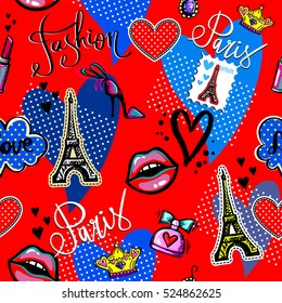Abstract seamless pattern for girl, fashion clothes.Repeated backdrop with lipstick,  badges Paris Eiffel Tower, letter stamp, crown, clouds, bubble speech, hearts, shoes, perfume. childish wallpaper