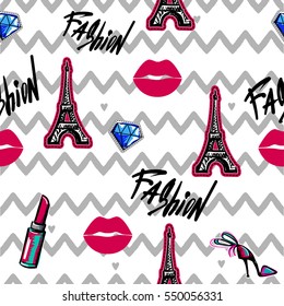 Abstract seamless pattern for girl, fashion clothes, teenagers. Repeated backdrop with kiss lips, patch badges Paris Eiffel Tower, lipstick, brilliant, shoes. Cute colorful design. Wrapping paper.