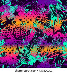 Abstract seamless pattern for girl, textile, clothes, wrapping paper.  Colourful repeated backdrop with stars, dots, spray paint ink. Chaotic wallpaper in bright neon colors