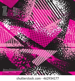 Abstract seamless pattern for girl. Textured grunge urban wallpaper in bright pink, black and white colors with geometric line, triangles, shape dots elements. Background for fashion, sport clothes.