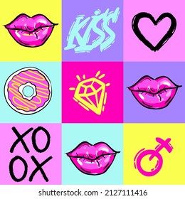 Abstract seamless pattern with girlish elements. Pop art neon texture background. Wallpaper for girls. Fashion teen style 90 s