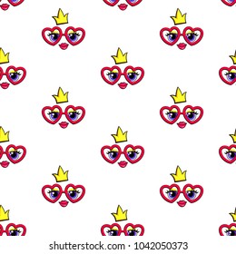Abstract seamless pattern with girlish face, big kiss lips, eyes, eyelash, hearts sunglasses, yellow crown for princess. girlish repeated backdrop for textile, fashion clothes, wrapping paper