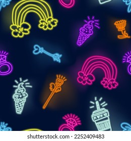 Motif abstrait harmonieux d'éléments autocollants girolles glaces, arc-en-ciel, nuage, verre, anneau, baguette magique, fleur. Lumières de néon adolescents répétition impression sur fond noir. Décoration à répétition