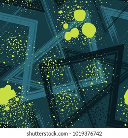 Abstract seamless pattern for girls and boys. Textured grunge urban wallpaper in yellow, black and white colors with geometric line, triangles, ink, shape dots elements. Background for sport clothes.