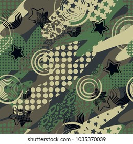 Abstract seamless pattern for girls, boys, clothes. Creative vector background with dots, geometric figures,stripes inscriptions.Funny wallpaper for textile and fabric. Fashion style. Colorful bright.