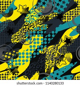 Abstract seamless pattern for girls, boys, clothes. Creative vector background with dots, geometric figures,stripes inscriptions.Funny wallpaper for textile and fabric. Fashion style. Colorful bright.