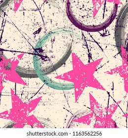 Abstract seamless pattern for girls, boys, clothes. Creative vector background with dots, geometric figures,stripes, stars.Funny wallpaper for textile and fabric. Fashion style. Colorful bright.