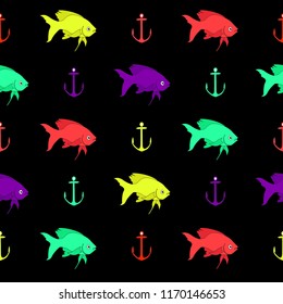Abstract seamless pattern for girls or boys. Creative vector background with small fish, anchor Funny wallpaper for textile and fabric. Fashion style. Colorful bright picture for children. Multicolor
