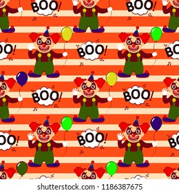 Abstract seamless pattern for girls or boys. Creative vector background with a clown, scary face, halloween. Funny wallpaper for textile and fabric. Fashion style. Colorful bright picture for children