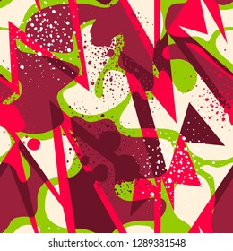 Abstract seamless pattern for girls, boys, clothes. Creative background with dots, geometric figures, stripes inscriptions. Funny wallpaper for textile and fabric. Fashion style. Colorful bright.