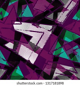 Abstract seamless pattern for girls and boys. Textured grunge urban wallpaper with geometric line, shapes, dots elements. Background for sport clothes.