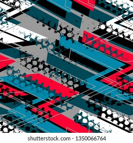 Abstract seamless pattern for girls, boys, clothes. Creative vector background with dots, geometric figures,stripes inscriptions.Funny wallpaper for textile and fabric. Fashion style. Colorful bright.