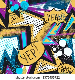 Abstract seamless pattern for girls, boys, clothes. Creative background with dots, geometric figures,stripes inscriptions. Funny wallpaper for textile and fabric. Fashion style. Colorful bright.