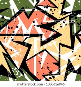 Abstract seamless pattern for girls and boys. Textured grunge urban wallpaper with curved lines, triangles, shape dots elements. Background for sport clothes.