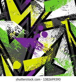 Abstract seamless pattern for girls and boys. Textured grunge urban wallpaper with curved lines, triangles, shape dots elements. Background for sport clothes.