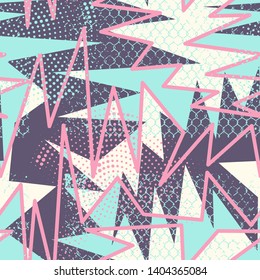 Abstract seamless pattern for girls and boys. Textured grunge urban wallpaper with curved lines, triangles, shape dots elements. Background for sport clothes.