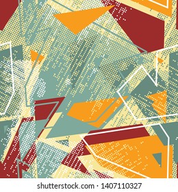 Abstract seamless pattern for girls and boys. Textured grunge urban wallpaper with geometric line, triangles, shape dots elements. Background for other clothes.