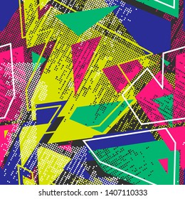 Abstract seamless pattern for girls and boys. Textured grunge urban wallpaper with geometric line, triangles, shape dots elements. Background for other clothes.