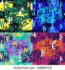 Patrón abstracto sin fisuras para niñas, niños, ropa. Fondo creativo con alfabeto latino de pincel de tinta. Gracioso papel pintado para textiles y tejidos. Estilo de moda. Diseño web colorido y luminoso.