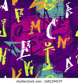 Abstract seamless pattern for girls, boys, clothes. Creative background with ink brush latin alphabet. Funny wallpaper for textile and fabric. Fashion style. Colorful bright web design.