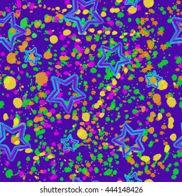 Abstract seamless pattern for girls and boys . The original design for backpacks and sportswear . Violet star painted with a brush . Bright colorful splashes . Creative style for children.