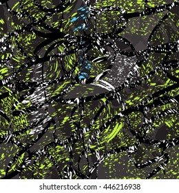 Abstract seamless pattern for girls and boys. Grunge urban modern  background in grey, green, white, blue, black colors. Creative graffiti wallpaper with shapes elements. chaotic repeated backdrop